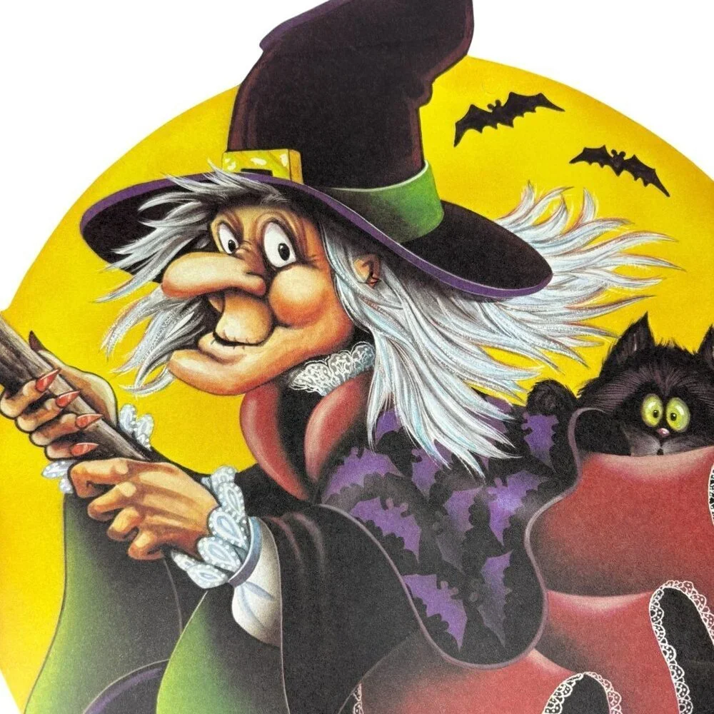 Vintage Beistle Halloween 1983 Die cut Witch Broom Full Moon Bat Cat Decoration